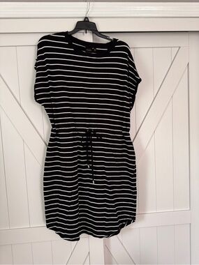 Rafaella Black & White Striped Drawstring Waist Dress